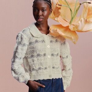 NEW FARM Rio Off-White Mixed Stitches Knit Cardigan Cropped Fleece Collar Size L